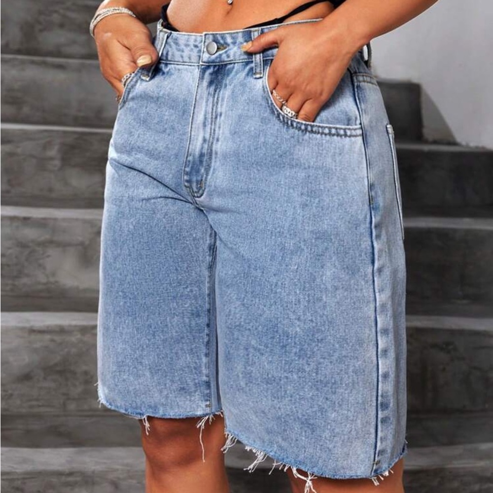 Raw Hem Y2K Knee-Length Jean Bermuda Shorts